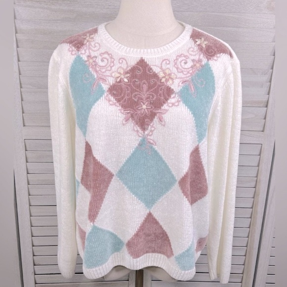 ALFRED DUNNER Vintage 80's Chenille Sweater Diamond Pattern w Beading-PXL - Picture 1 of 3